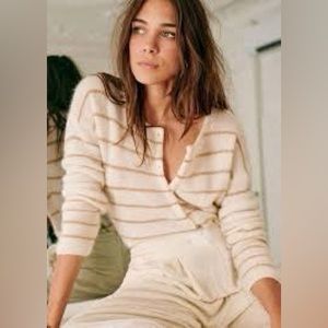 Sezane — Gaspard cardigan, large, ecru with gold stripes